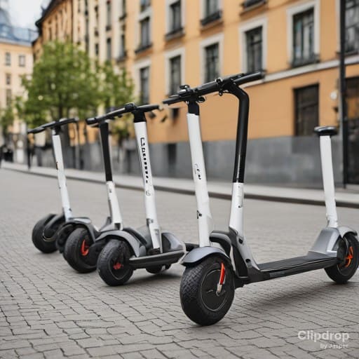 Trotineta Electrica cu scaun, mai multe scootere parcate pe strada